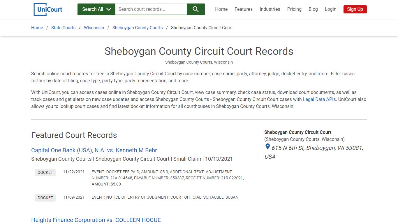 Sheboygan County Circuit Court Records | Sheboygan | UniCourt